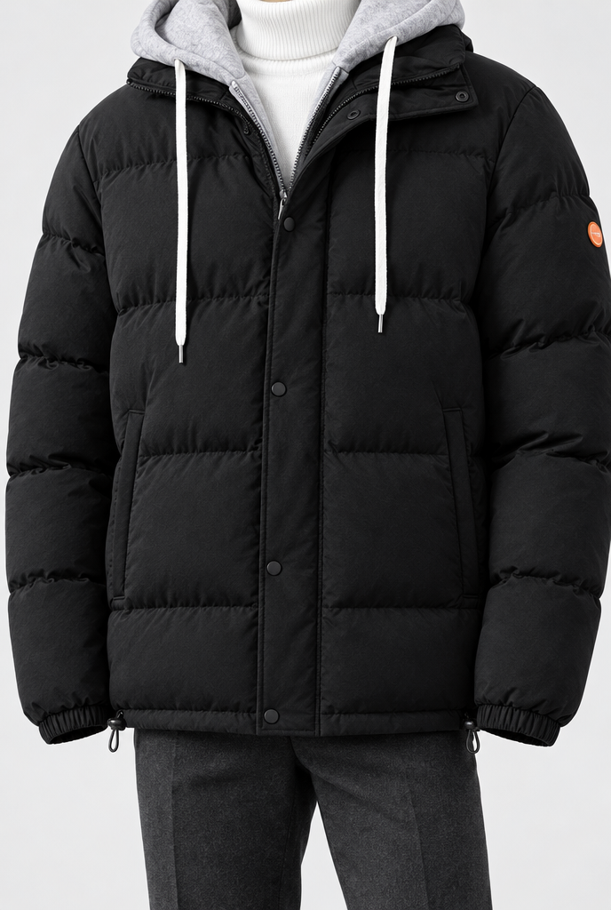 Black layered-hood puffer jacket, front detail