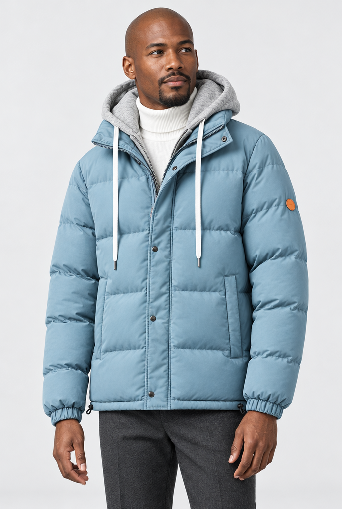 Sky Blue layered-hood puffer jacket, studio hero