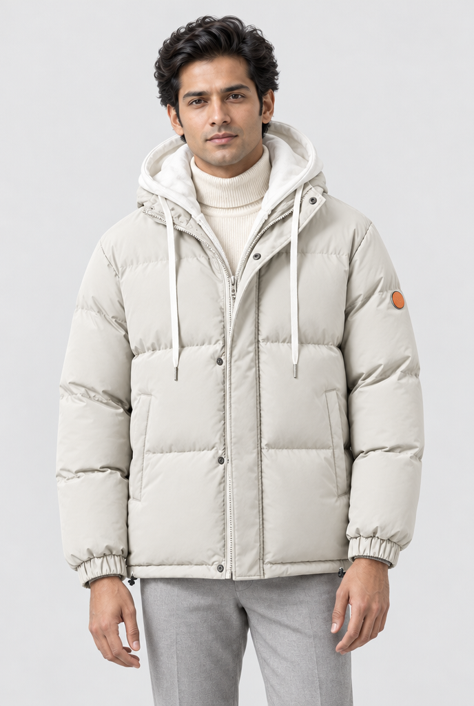 Stone layered-hood puffer jacket, studio hero