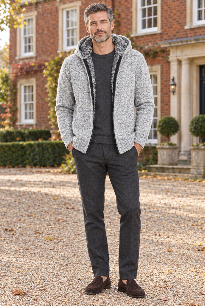 Veste zippée à capuche en maille doublée fausse fourrure — Gris perle — en situation