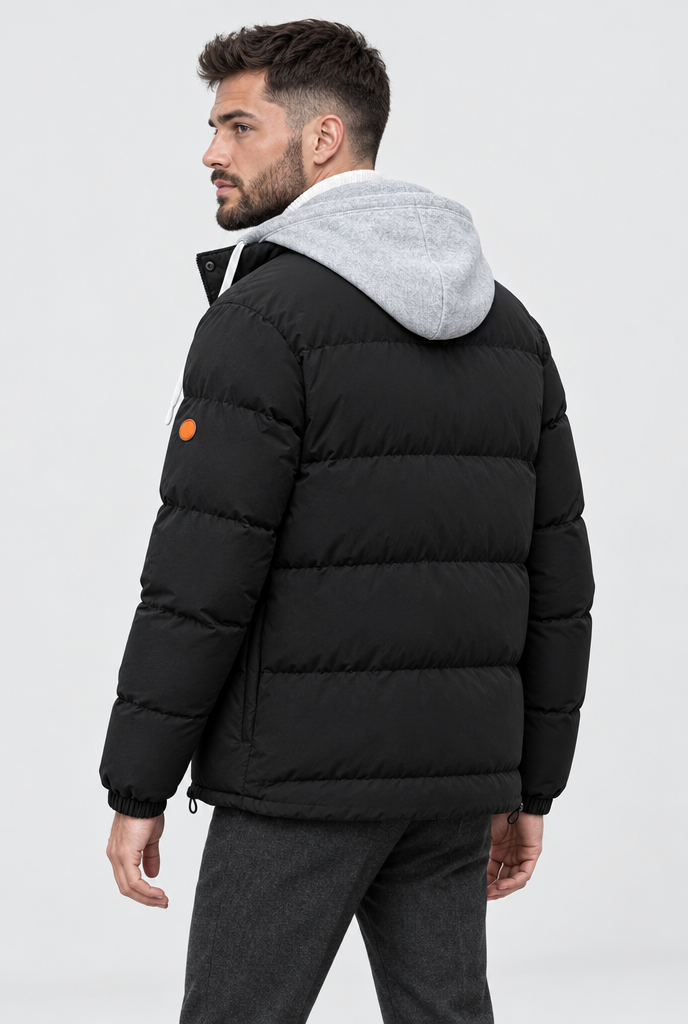 Black layered-hood puffer jacket, back