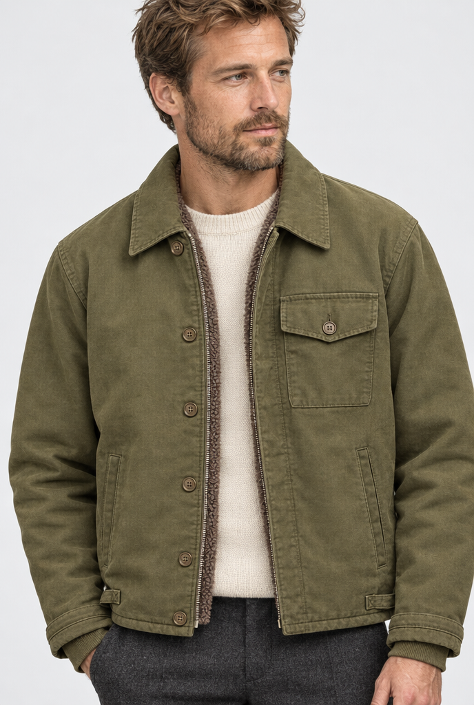 Veste de pont en coton doublée sherpa — Olive — détail du col