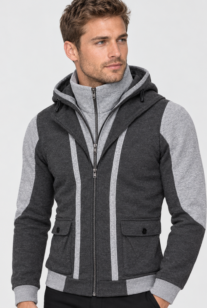 Charcoal layered double-zip hooded jacket, collar close-up