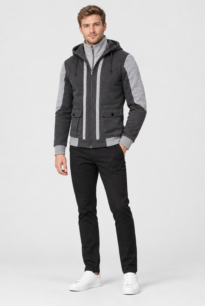 Charcoal layered double-zip hooded jacket, full body