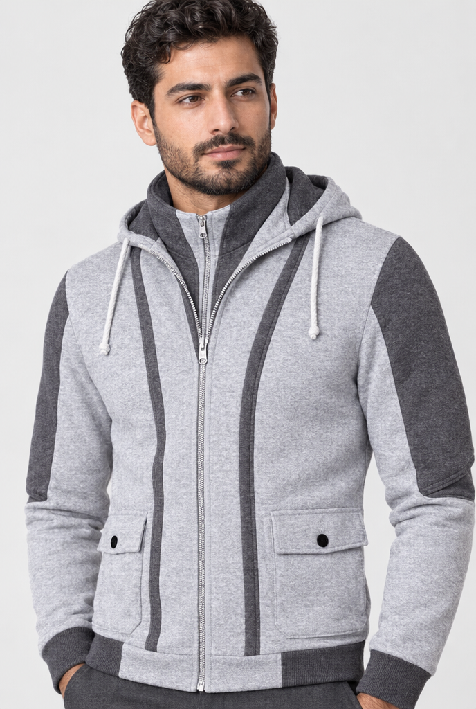 Light Grey layered double-zip hooded jacket, collar close-up