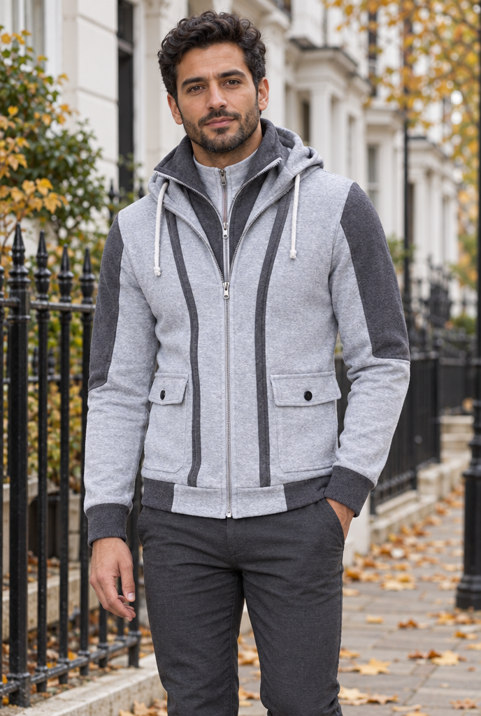 Light Grey layered double-zip hooded jacket, lifestyle