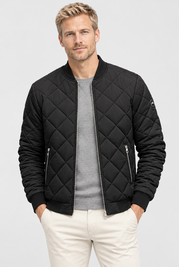 Black diamond-quilted bomber jacket, studio