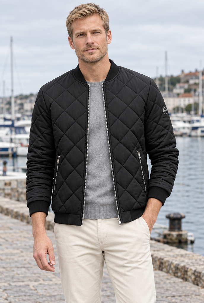 Black diamond-quilted bomber jacket, harbour promenade