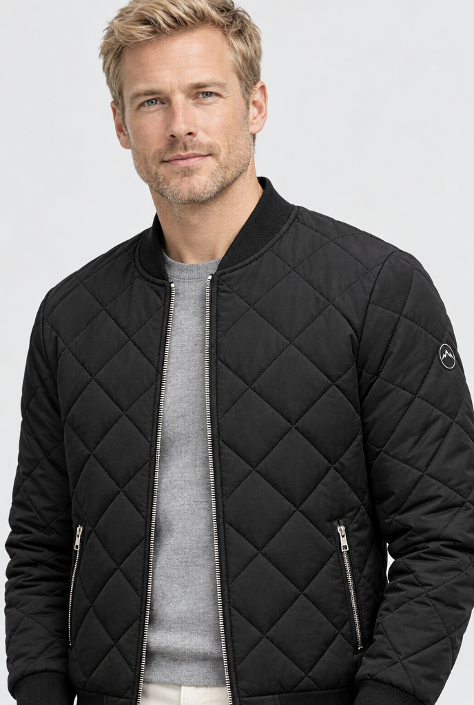Black diamond-quilted bomber jacket, rib collar and zip