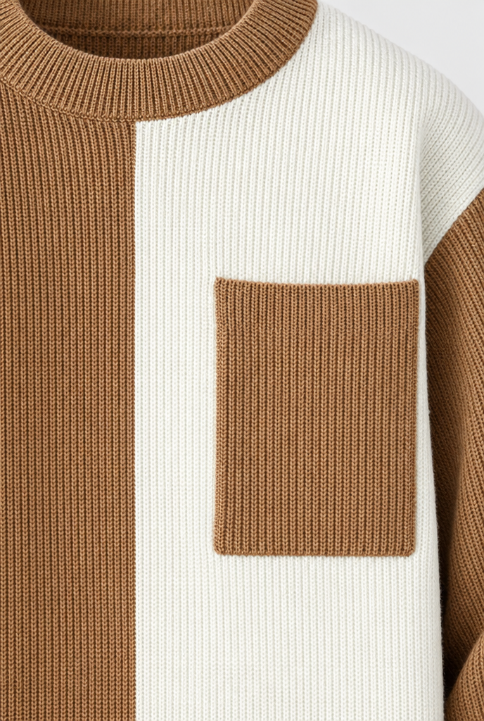 Camel colorblock sweater, pocket detail