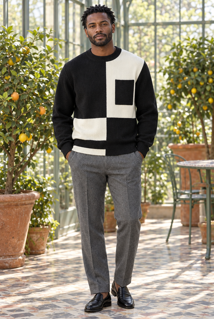 Black colorblock sweater, lifestyle