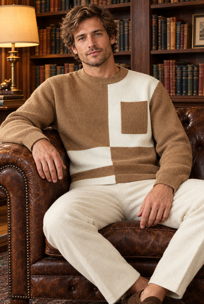 Camel colorblock sweater, lifestyle