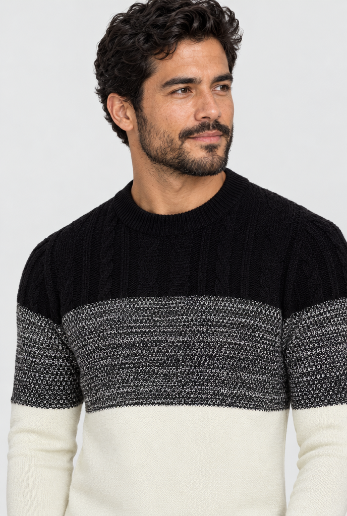 Pull col rond tricolore en maille torsadée — Noir & crème — détail du col