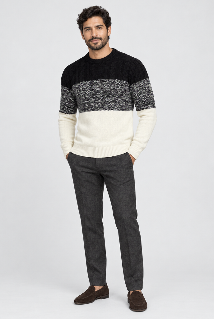 Black & Cream Three-Tone Cable Knit Crewneck Sweater, full body
