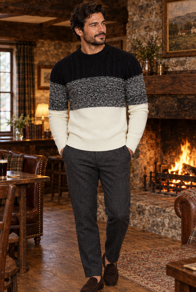 Black & Cream Three-Tone Cable Knit Crewneck Sweater, lifestyle