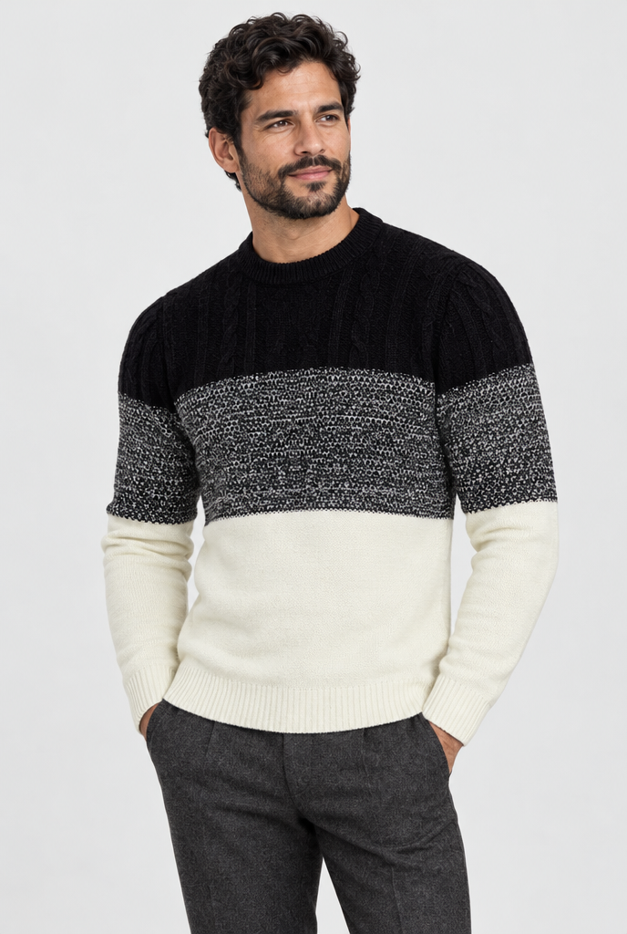 Pull col rond tricolore en maille torsadée — Noir & crème — photo studio