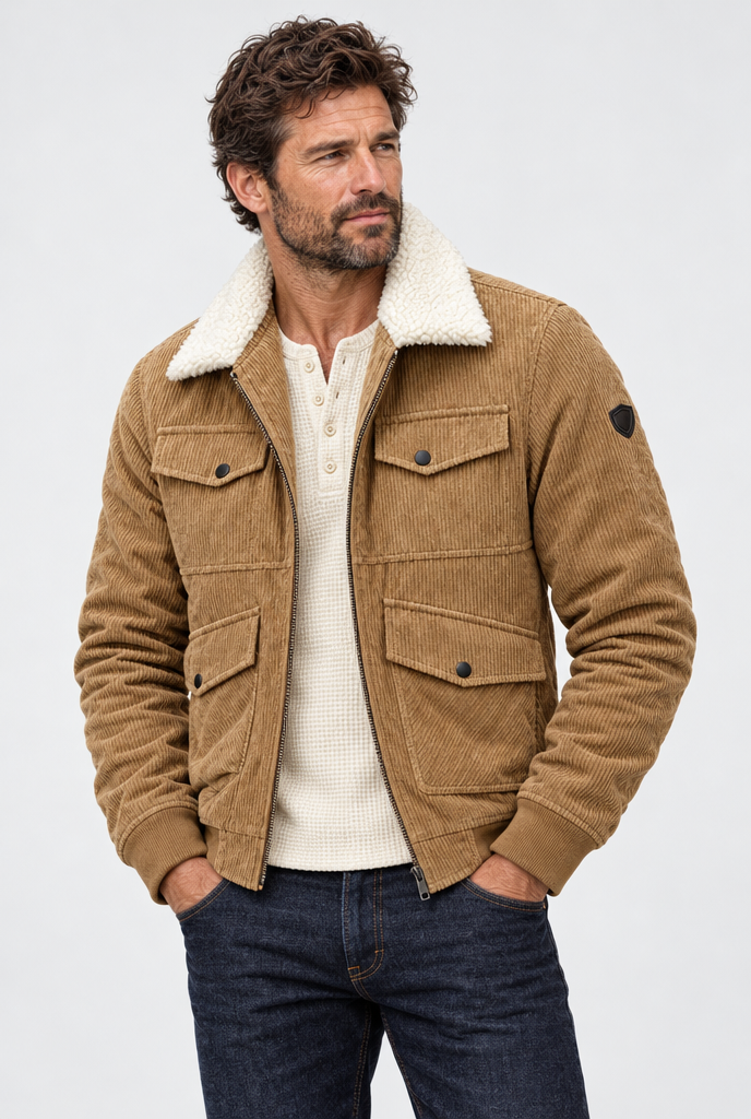 Veste en velours côtelé col sherpa Homme — Camel — photo studio