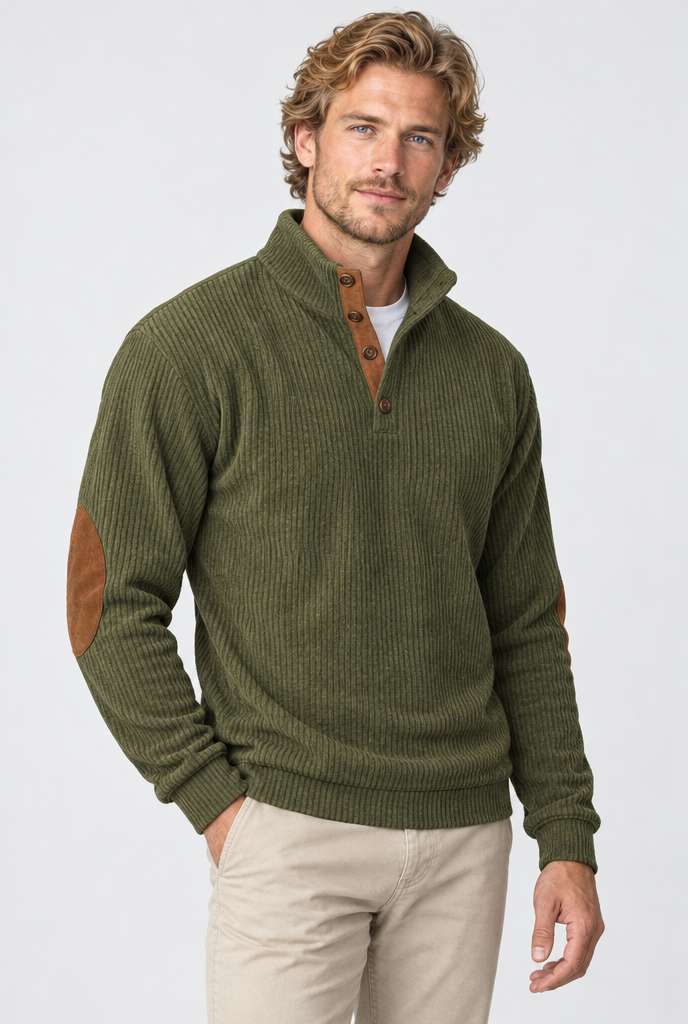 Olive corduroy elbow-patch pullover, studio hero