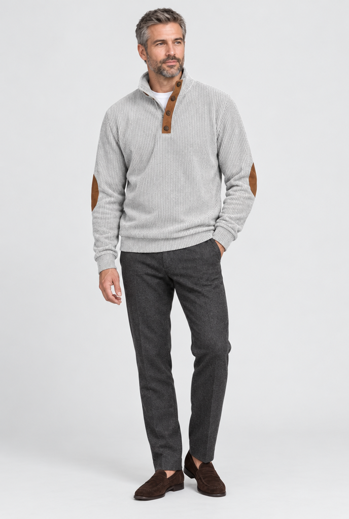 Light Grey corduroy elbow-patch pullover, full body