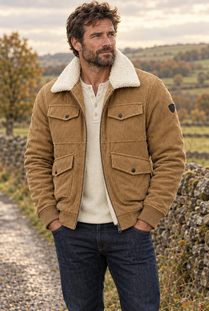 Veste en velours côtelé col sherpa Homme — Camel — en situation