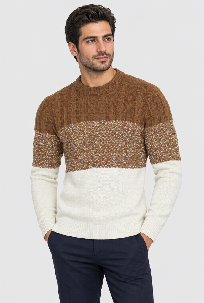 Camel & Cream Three-Tone Cable Knit Crewneck Sweater, studio hero