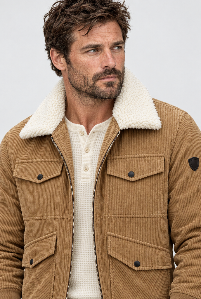 Veste en velours côtelé col sherpa Homme — Camel — détail du col