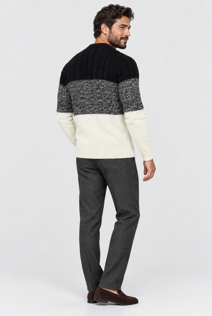 Black & Cream Three-Tone Cable Knit Crewneck Sweater, back view