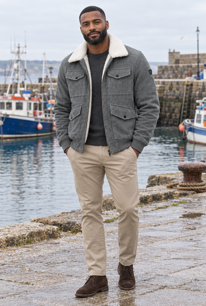 Veste en velours côtelé col sherpa Homme — Gris ardoise — en situation
