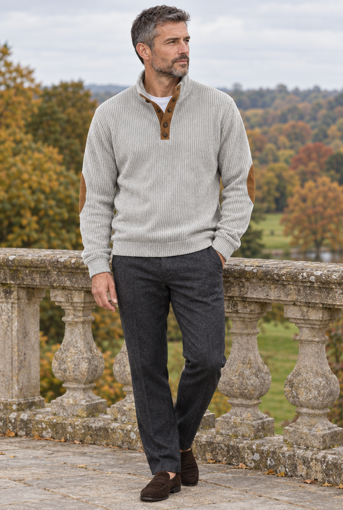 Light Grey corduroy elbow-patch pullover, lifestyle