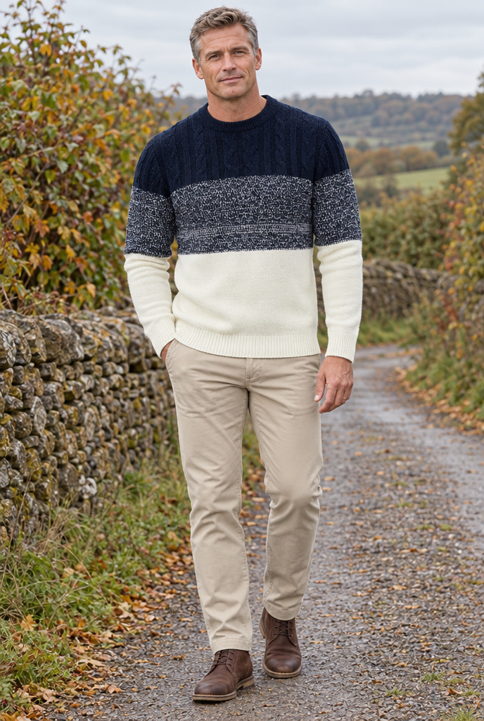 Pull col rond tricolore en maille torsadée — Marine & crème — en situation