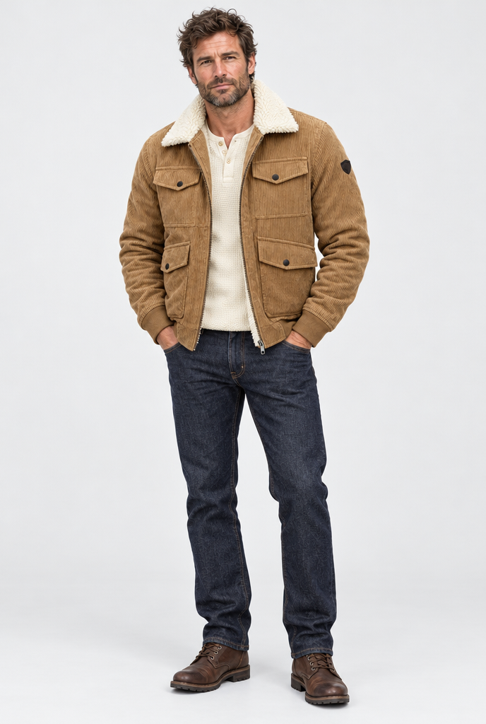 Veste en velours côtelé col sherpa Homme — Camel — silhouette complète