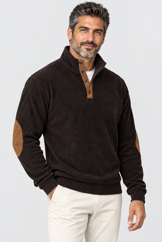 Espresso corduroy elbow-patch pullover, studio hero