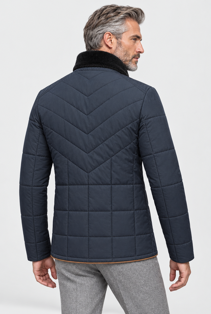 Navy fur-collar quilted jacket, back view