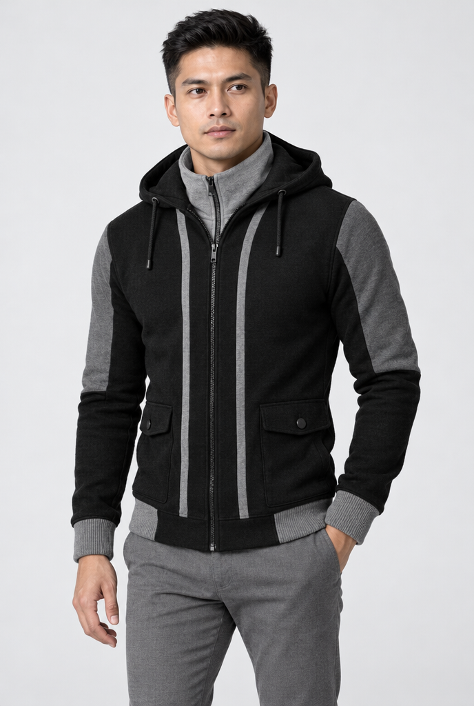 Black layered double-zip hooded jacket, studio hero
