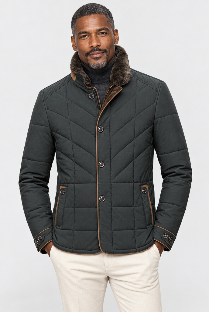 Veste matelassée rembourrée col fausse fourrure — Vert forêt — photo studio
