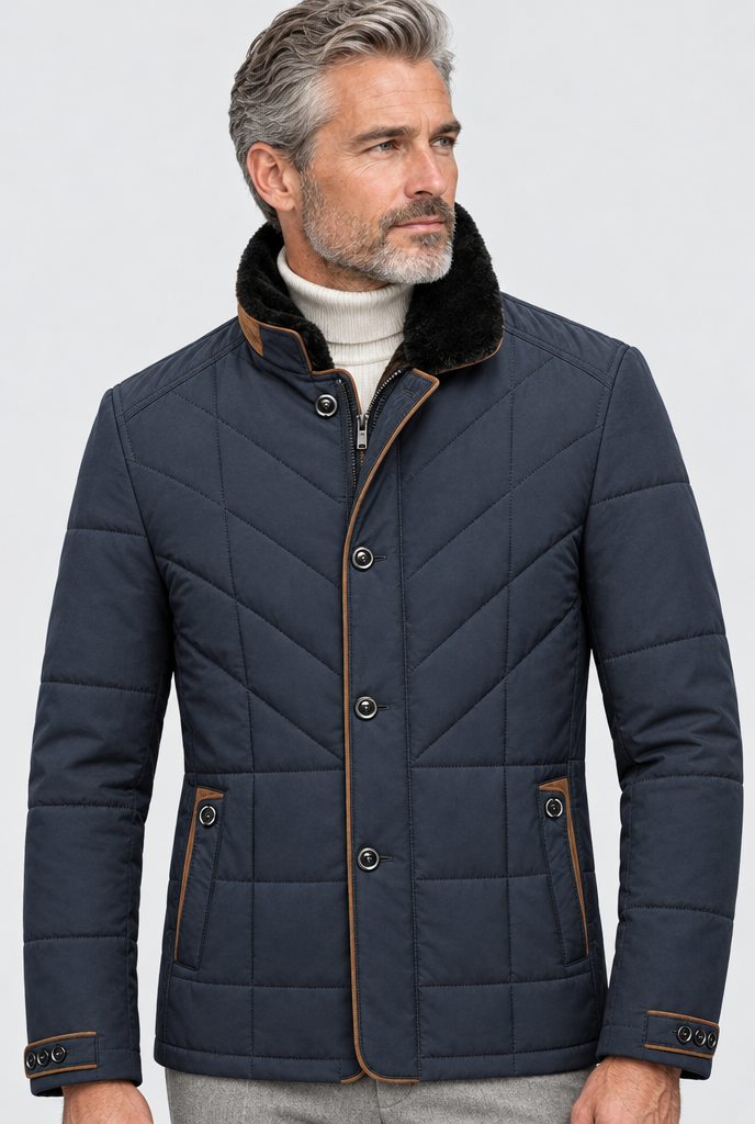 Navy fur-collar quilted jacket, collar close-up