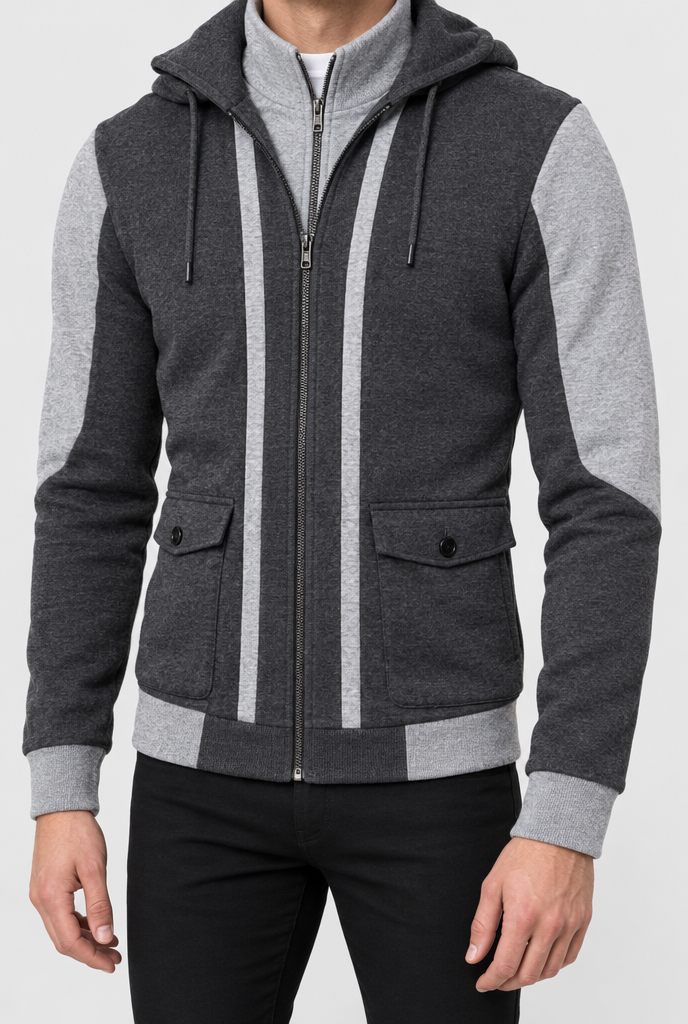 Charcoal layered double-zip hooded jacket, detail