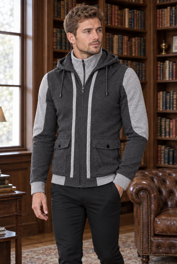 Charcoal layered double-zip hooded jacket, lifestyle