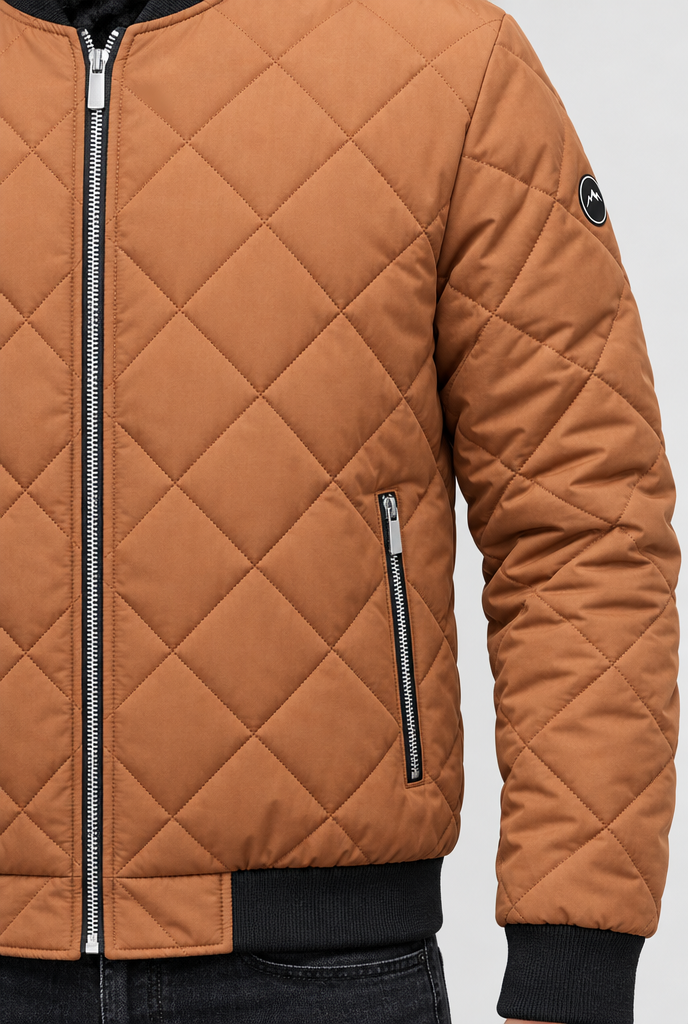 Camel diamond-quilted bomber jacket, zip pocket and quilting