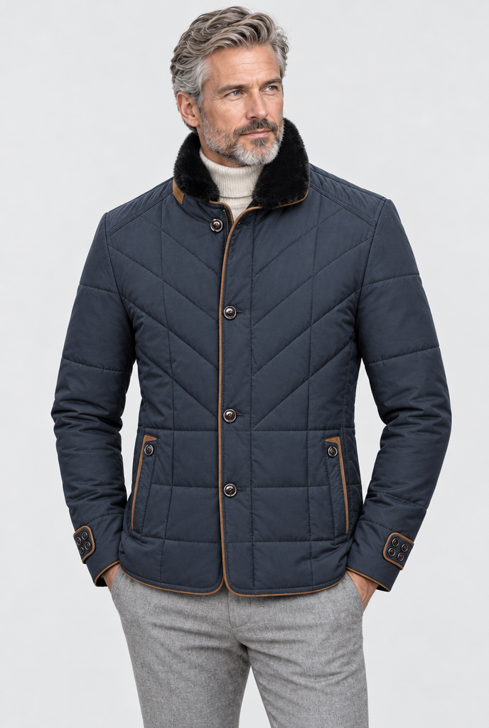 Veste matelassée rembourrée col fausse fourrure — Marine — photo studio