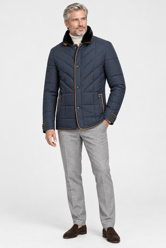 Navy fur-collar quilted jacket, full body