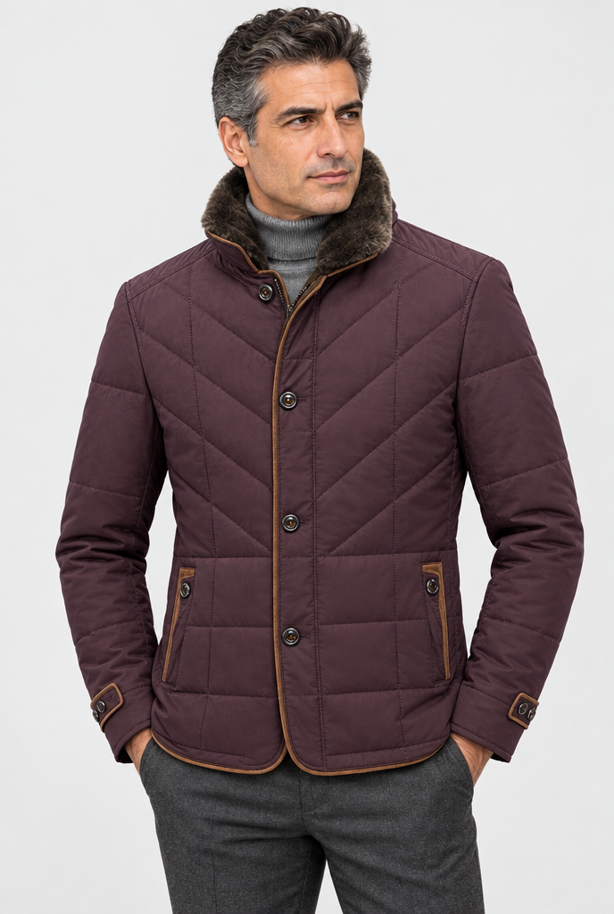Burgundy fur-collar quilted jacket, studio hero