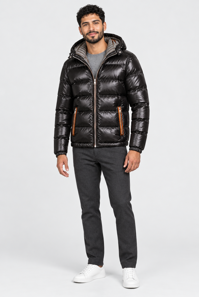 Black glossy hooded puffer jacket, full body
