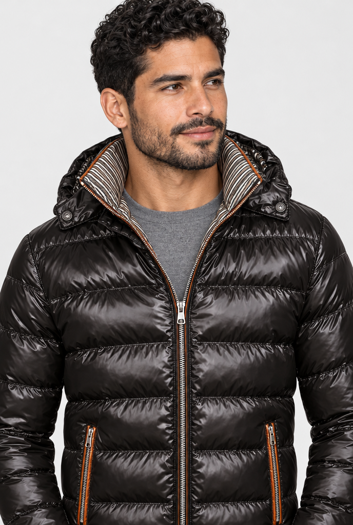 Black glossy hooded puffer jacket, collar and hood