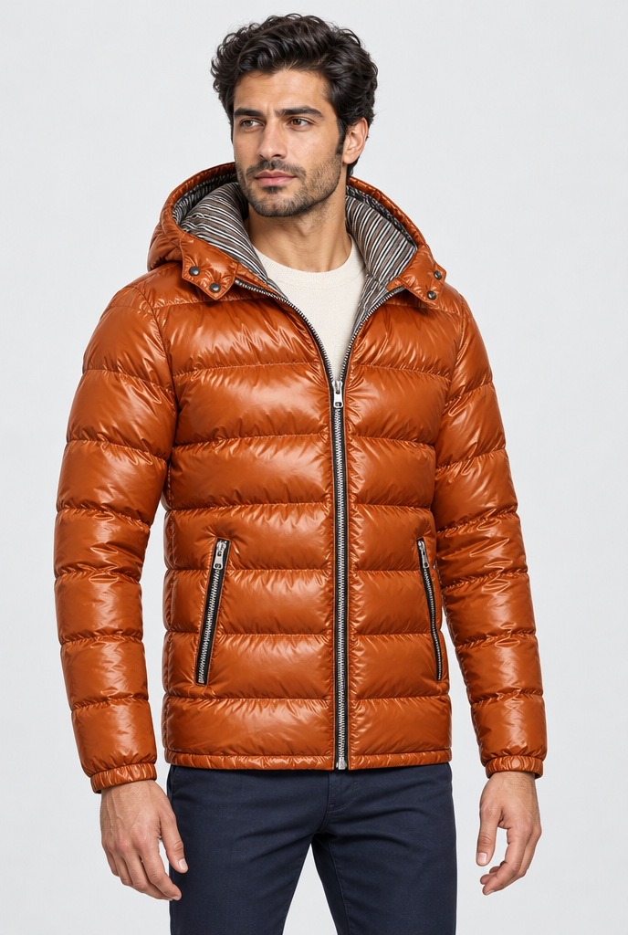Rust glossy hooded puffer jacket, studio hero