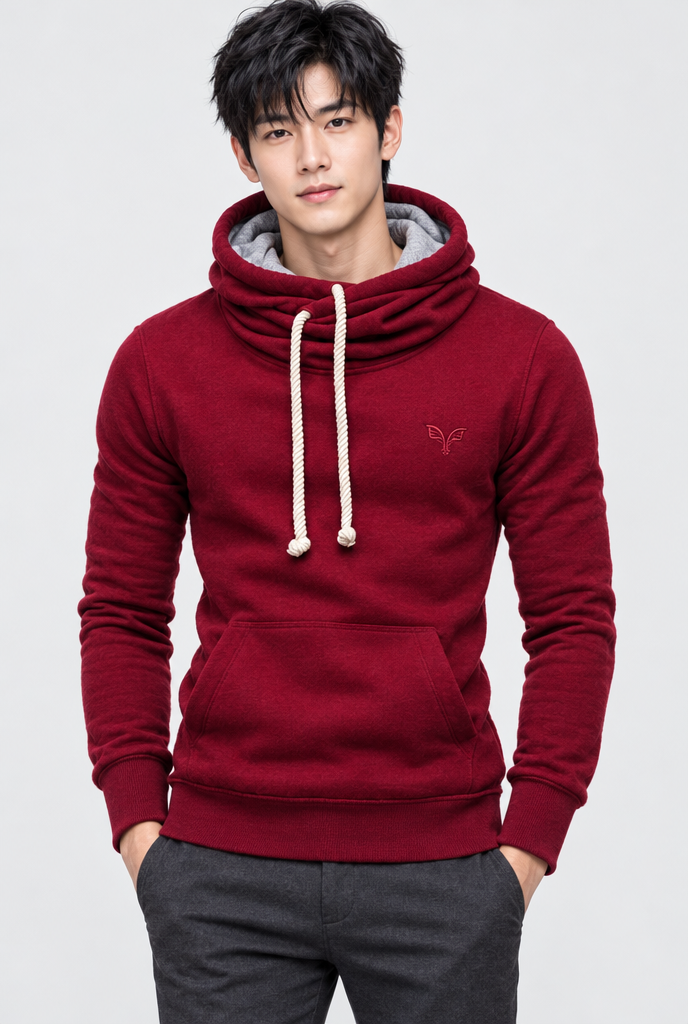 Burgundy cowl-neck pullover hoodie, studio hero