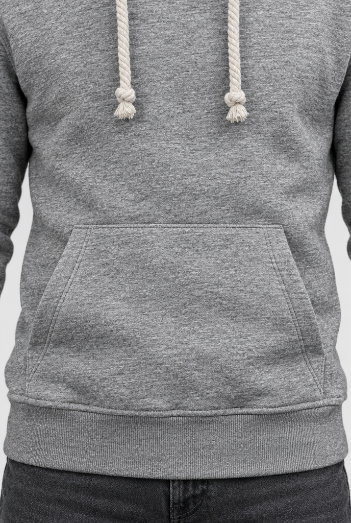 Heather Gray cowl-neck pullover hoodie, pocket detail