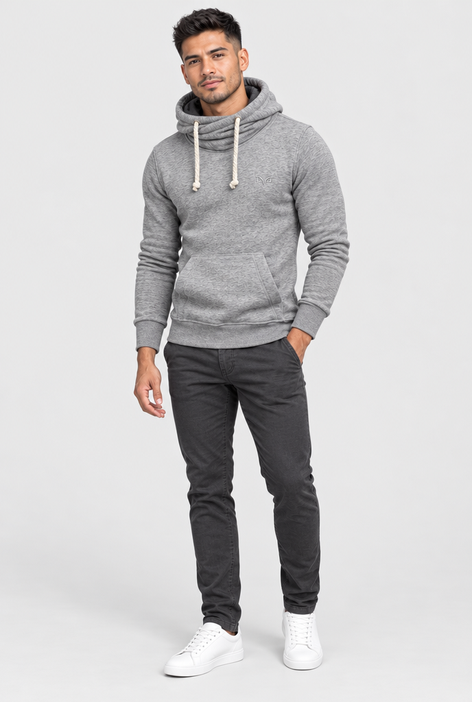 Heather Gray cowl-neck pullover hoodie, full body