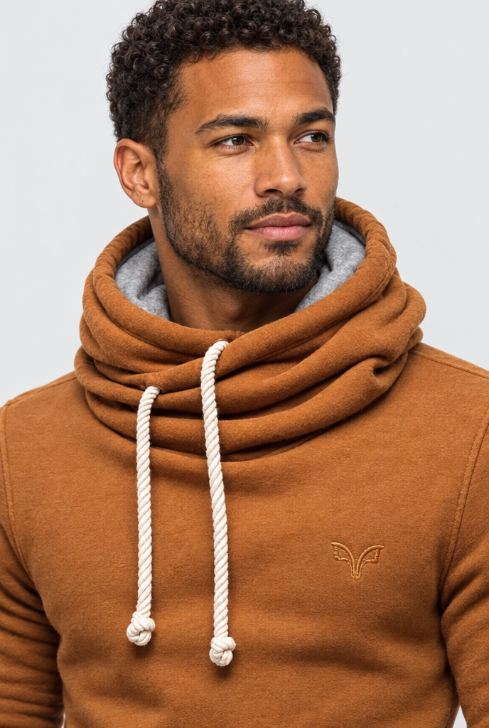 Caramel cowl-neck pullover hoodie, cowl close-up