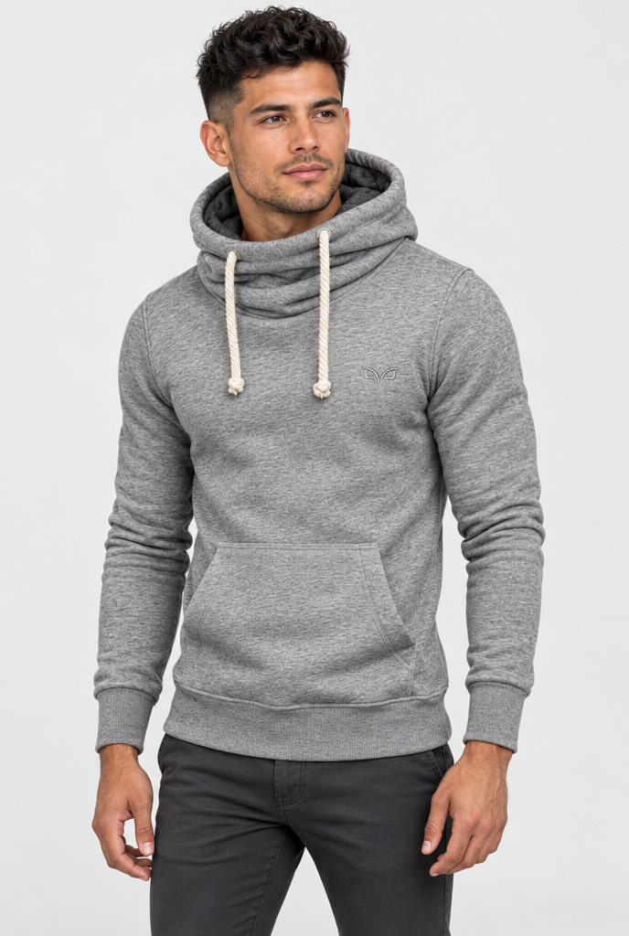 Heather Gray cowl-neck pullover hoodie, studio hero
